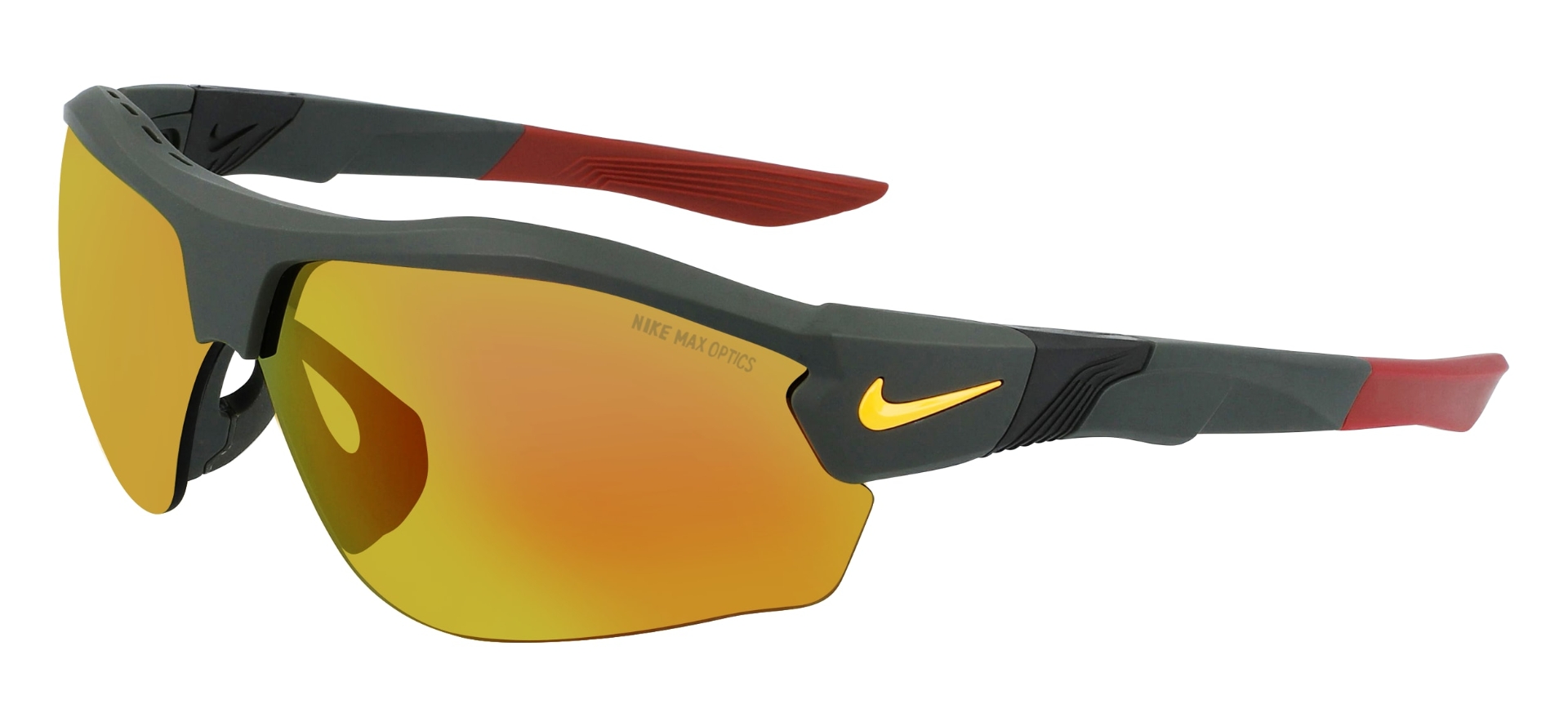 Nike Show X3 men's sunglasses size guide. Grey frame with red and yellow details with grey/orange lenses.