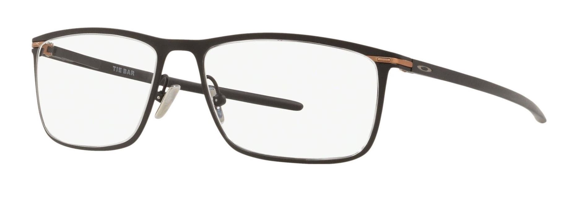 Oakley Tie Bar men's eyeglasses in satin black with clear rectangular lenses.